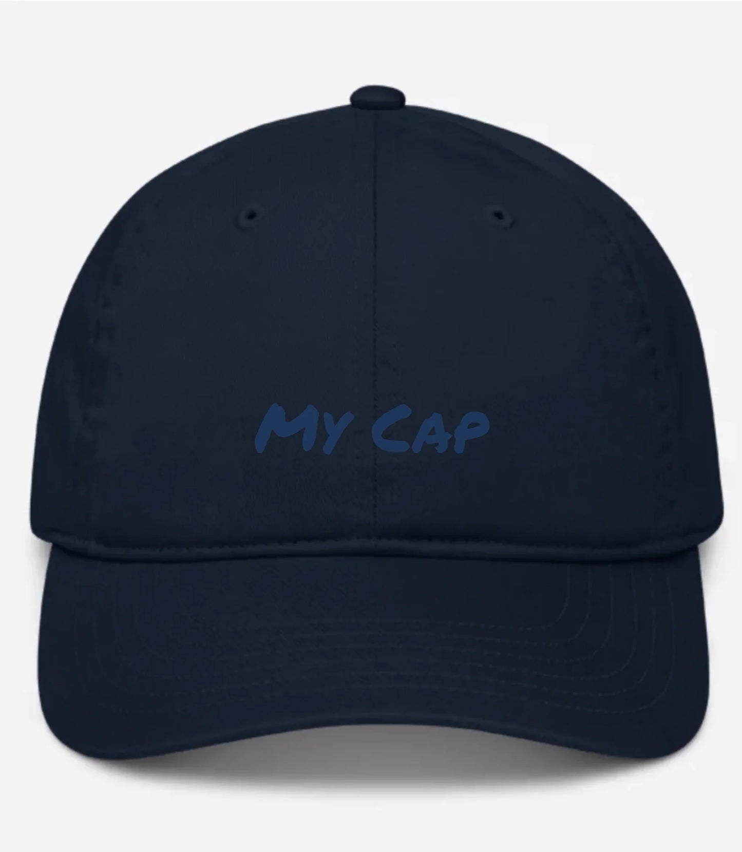 Custom embroidered navy cap with personalised text
