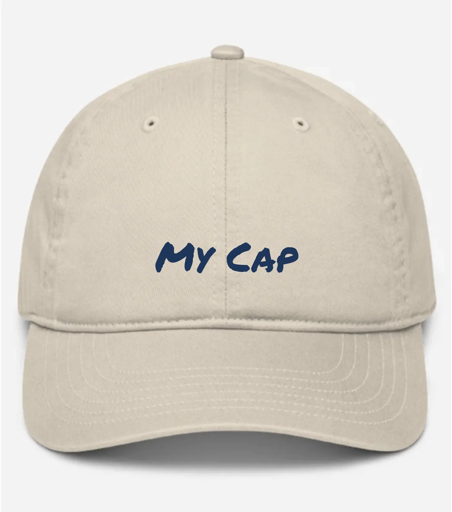Custom embroidered beige cap with personalised text